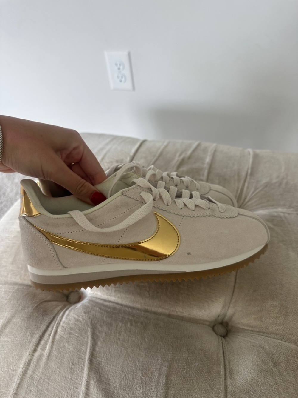 Nike Women's Cortez Suede Sneakers in Light Beige with Gold Swoosh